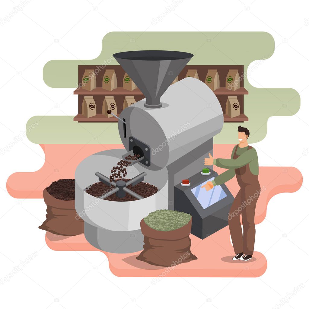 Process of roasting coffee beans in industrial roaster. Barista monitors operation of equipment