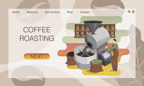 Proces prażenia ziaren kawy w piecu przemysłowym. Koncepcja strony internetowej, szablon strony docelowej — Wektor stockowy