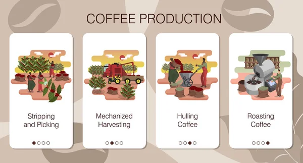 Zestaw mobilnych stron aplikacji firmy rolniczej o produkcji kawy — Wektor stockowy