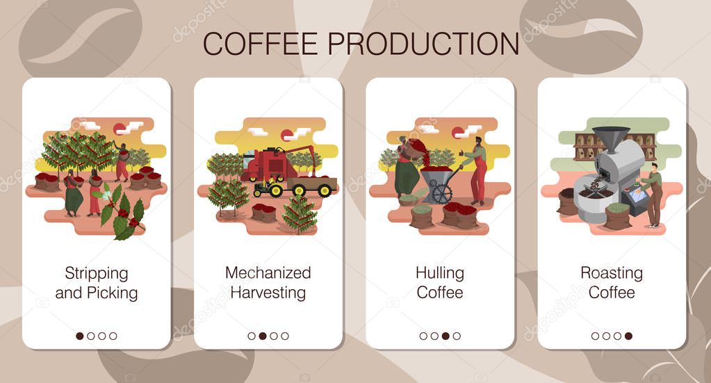 Set of mobile app pages of farming company about coffee production