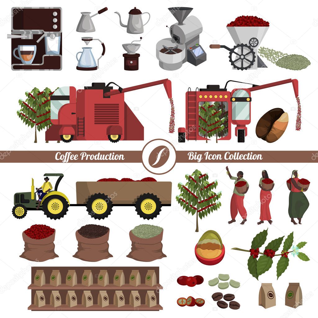 Coffee production, processing and preparation. Big icon collection