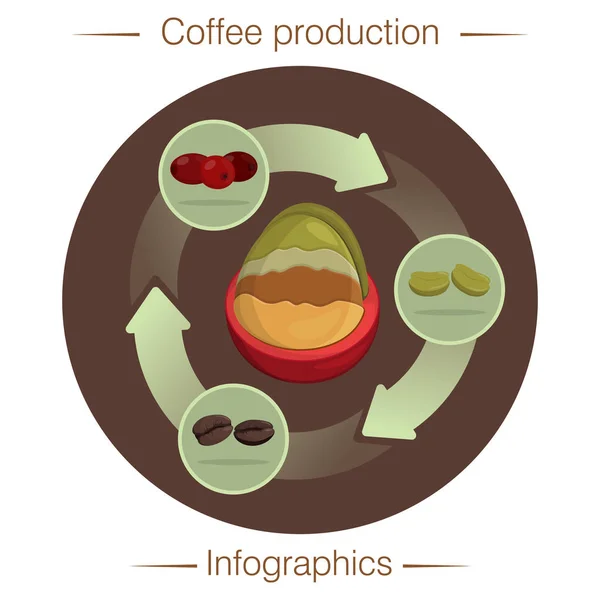 Etapy produkcji kawy. Infografika. Zbiory, łuszczenie, prażenie — Wektor stockowy