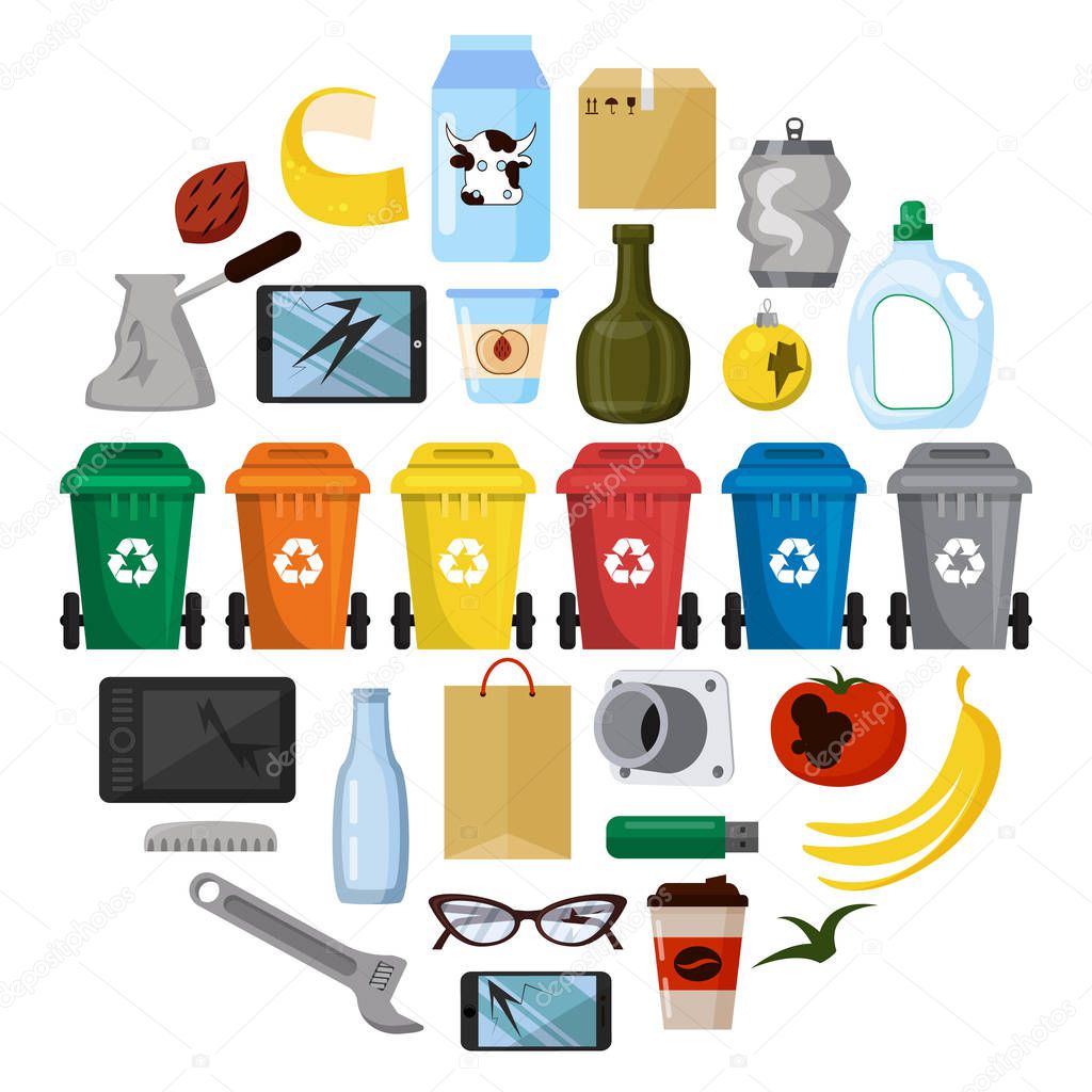 Dumpsters and and waste types. Flat icon set. Sorting, separation and recycling