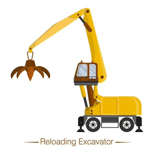 Yellow reloading excavator, reloader. Special equipment for landfills, garbage, scrap, wood — Stock Vector