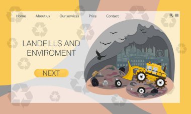 Şehir çöplüğü, çöplük. Çevre kirliliği. Web sitesi konsepti, iniş sayfası tasarım şablonu