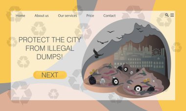 Yasadışı şehir çöplüğü, çöplük. Çevresel kirlilik sorunlarını çözmek. Web sitesi konsepti, iniş sayfası tasarım şablonu
