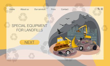 Şehir çöplüğü, çöplük. Özel ekipman. Atık imhası sorunu. Web sitesi konsepti, iniş sayfası tasarım şablonu