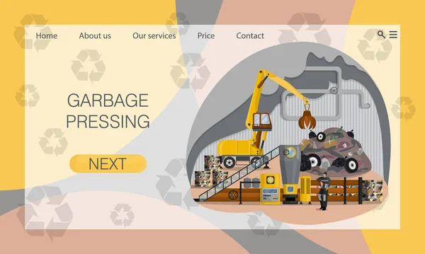 Prozess der Komprimierung des Mülls vor der Entsorgung in der Produktionsstätte. Konzept der Website, Landing Page Design Template — Stockvektor
