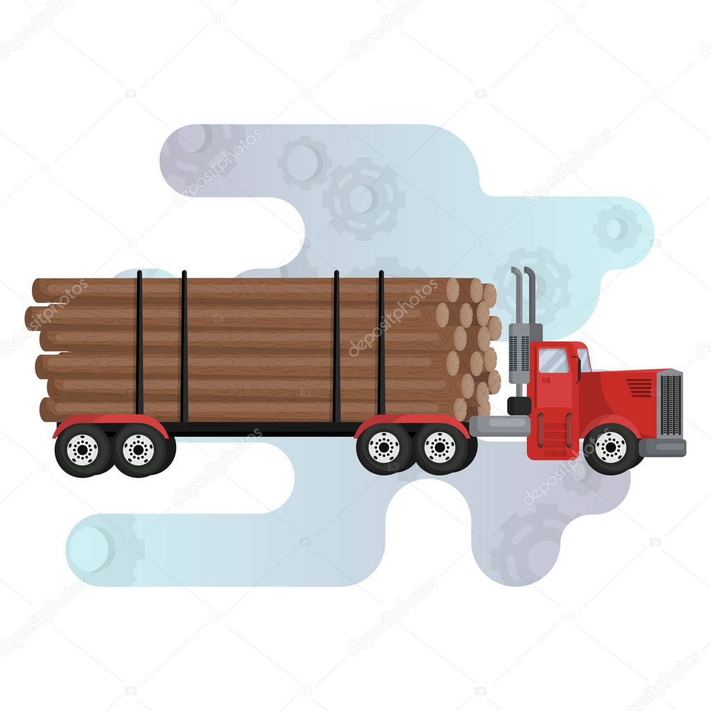 Timber carrying vessel. Special cargo vehicle for timber transportation. Illustration in flat vector style