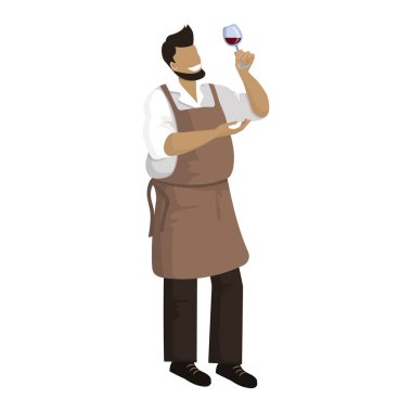 Winemaker is holding glass of red wine and checks it. 