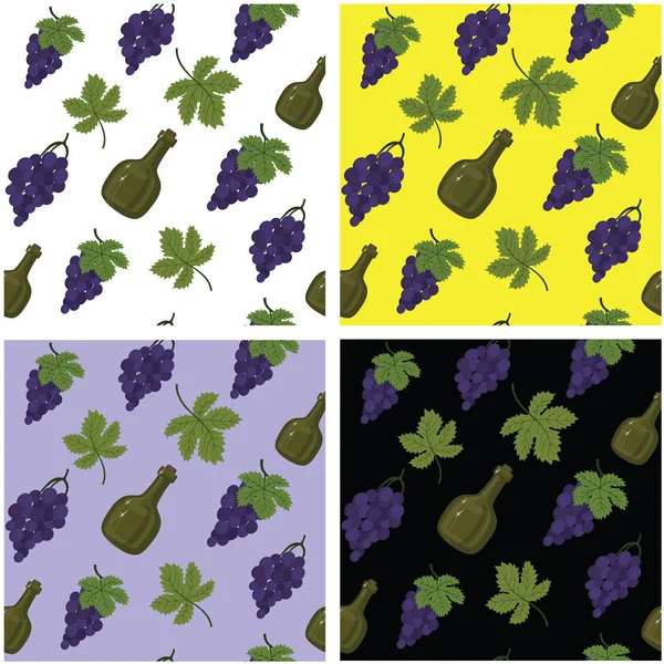 Collection de motifs abstraits sans couture mettant en vedette des produits vinicoles, bouteilles, raisins, feuilles de raisin — Image vectorielle