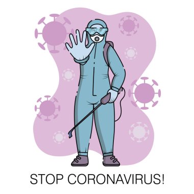 Koruyucu giysili, gözlüklü, solunum cihazlı ve eldivenli bir adam, Coronavirus Covid 19 'dan (2019-nCoV) sokağı dezenfekte eder. Dünyanın koronavirüs salgını 2019-2020. Çizgi film vektör illüstrasyonu