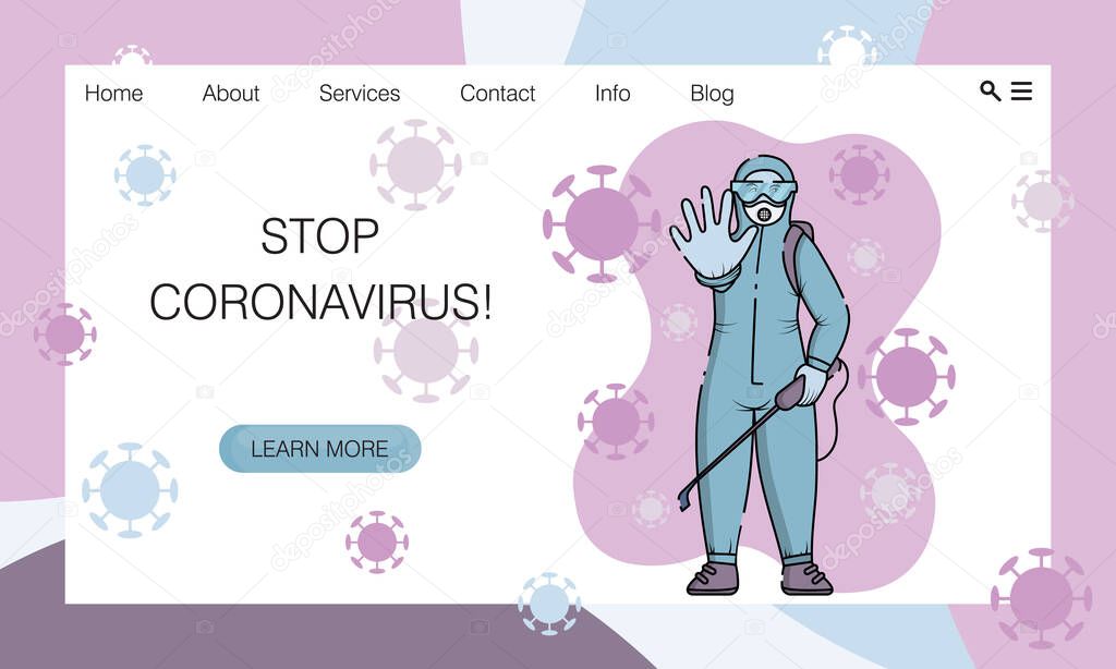 Man in protective suit, glasses, respirator and gloves disinfects the street from coronavirus Covid 19 (2019-nCoV). World's coronavirus pandemic. Cartoon vector illustration. Concept of website, page