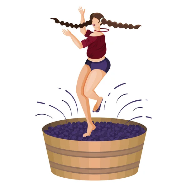 村の若い女性は木製のバットで踊りながら足でブドウを粉砕しています ブドウの収穫の饗宴 伝統的なワイン作りをする フラット漫画のベクトルイラスト 白地に隔離された物 — ストックベクタ