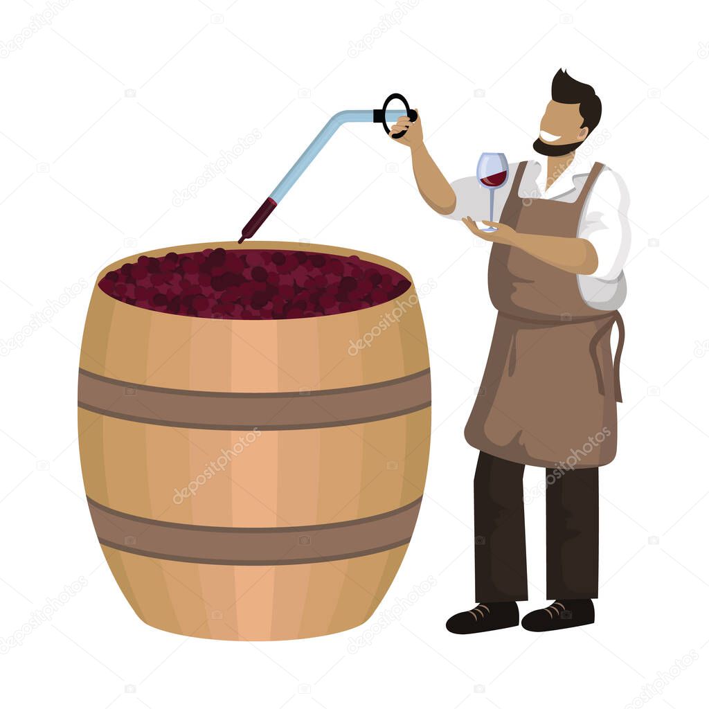 Male winemaker checks wine during fermentation process in large wooden vat. Winemaking, maceration, fermentation. Craft traditional wine making. Cartoon vector illustration. Isolated object on white