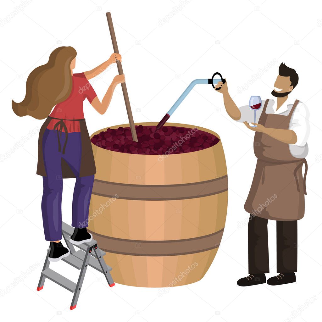 Male winemaker checks wine during fermentation process and female winemaker mixes and shakes grape pulp. Winemaking: maceration, fermentation, pigeage, remontage. Vector illustration. Isolated object