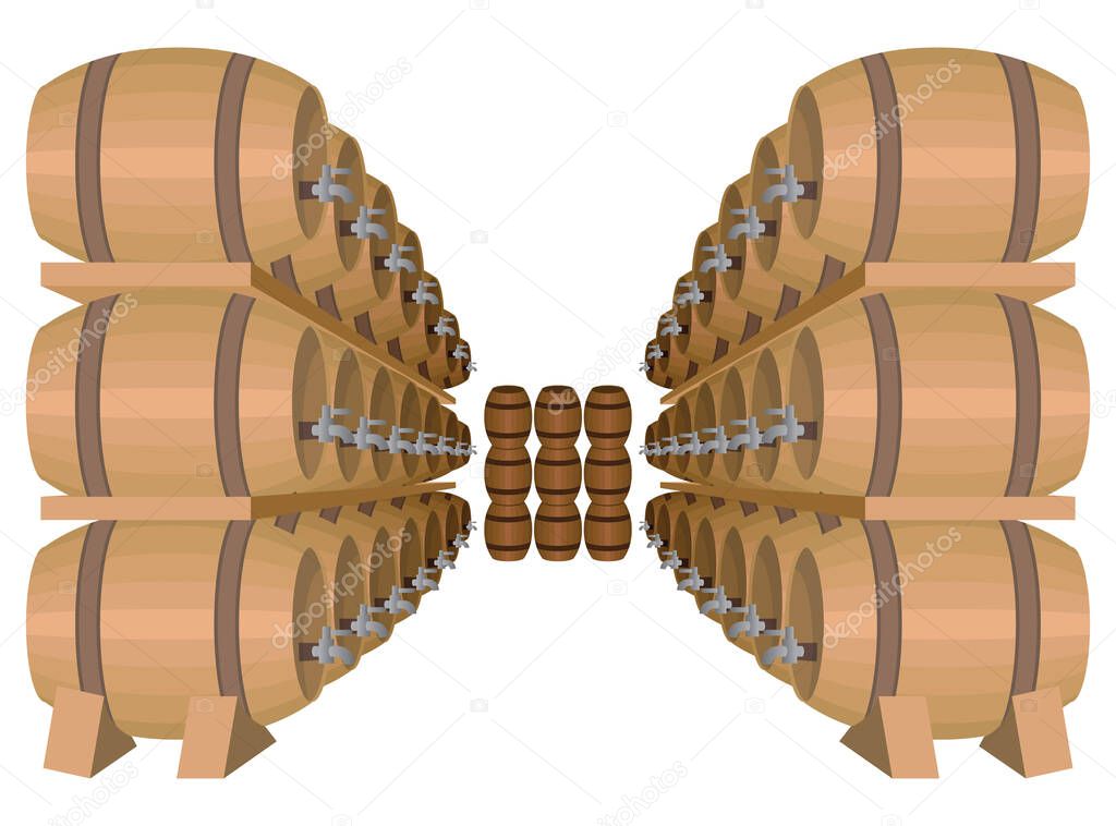 The oak barrels of wine in the cellar are arranged in order. Isolated template for a winery, wine production plant on a white background. Cartoon vector illustration
