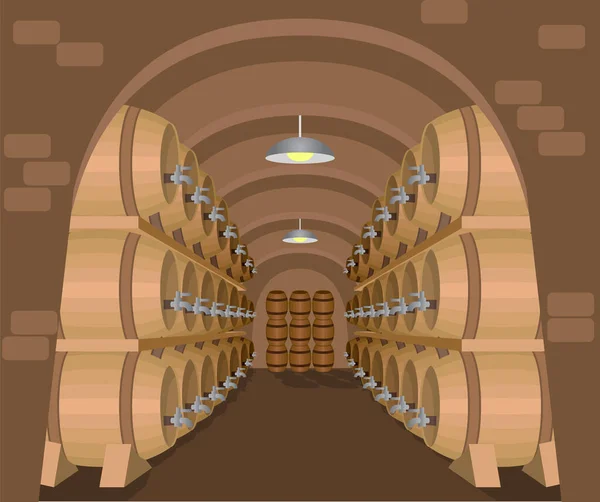 オーク樽が列に並ぶワインセラー ワイナリー ワイン生産工場 ワインの熟成と貯蔵 伝統的なクラフトワイン製造 漫画ベクトルイラスト — ストックベクタ