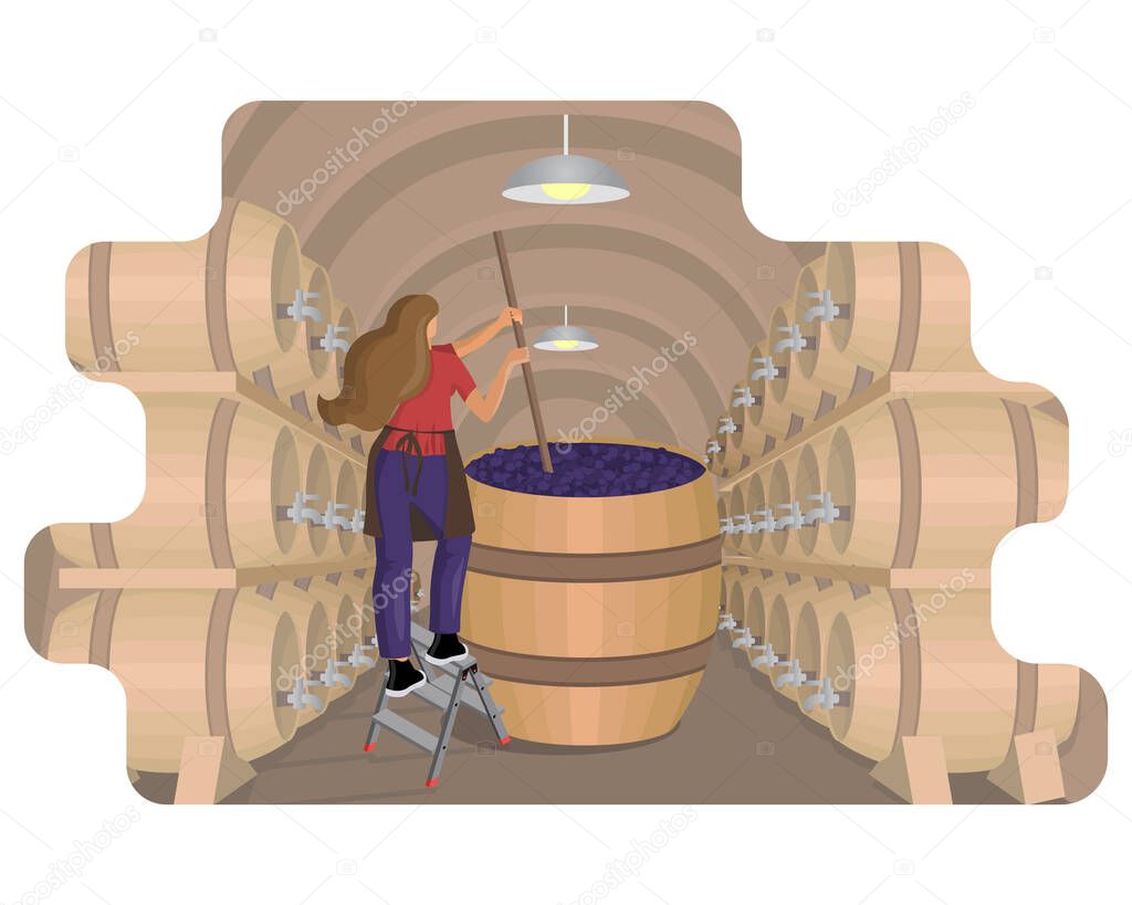 Female winemaker mixes and shakes grape pulp in wooden vat at wine cellar with oak barrels. Winemaking: batonnage, maceration, fermentation. Craft traditional wine making. Cartoon vector illustration