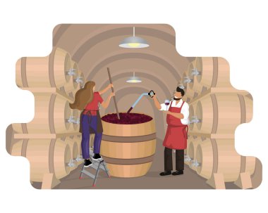 Erkek şarap üreticisi fermantasyon sırasında şarabı kontrol eder ve kadın şarap üreticisi şarap mahzeninde meşe fıçılarıyla üzüm hamurunu karıştırır ve sallar. El işi. Çizgi film vektör illüstrasyonu 