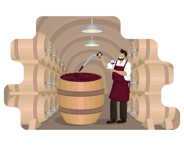 Vinificatore Controlla Vino Durante Processo Fermentazione Grande Vasca Legno Cantina — Vettoriale Stock