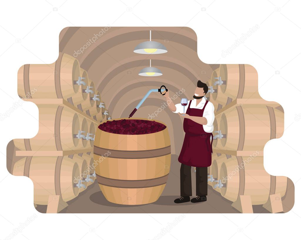 Winemaker checks wine during fermentation process in large wooden vat at wine cellar with oak barrels. Winemaking: batonnage, maceration. Craft traditional wine making. Cartoon vector illustration
