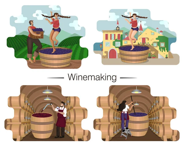 Soubor Izolovaných Řemeslných Ilustrací Vinařství Etapy Výroby Vína Ženy Drtí — Stockový vektor