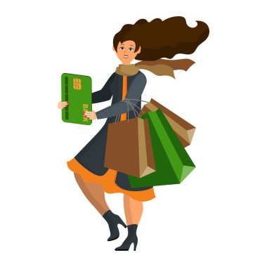 Kadın kredi kartı sahibi, banka müşterisi alışveriş yapıyor ve satın almaları kartla ödüyor. Banka hizmetleri: taksit, kredi, tasfiye anlaşmaları. Düz çizgi film vektörü. Beyaz üzerine izole nesne