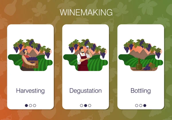 Set Pagine App Mobili Vettoriali Sulla Produzione Vino Tema Fasi — Vettoriale Stock