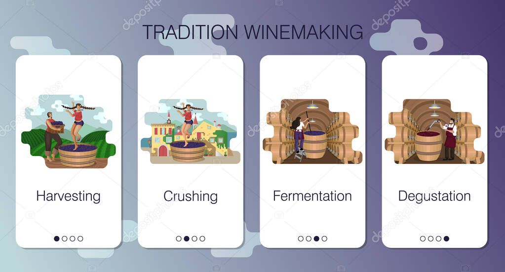 Set of vector mobile app pages. Craft winery. Stages of tradition winemaking. Design of onboarding screens. Women are harvesting and crushing grape. Winemaker is tasting red wine. Vector flat cartoon