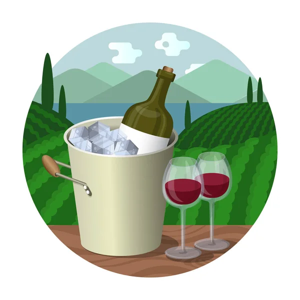 Paisagem Montanha Mar Com Vinhas Garrafa Refrigerador Vinho Dois Copos —  Vetores de Stock
