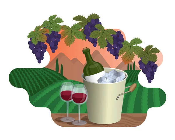 高山和海景与葡萄园 瓶子在葡萄酒冷却器和两个酒杯的日落 浪漫的气氛 旅行到葡萄酒工业发达的国家 矢量卡通画 — 图库矢量图片