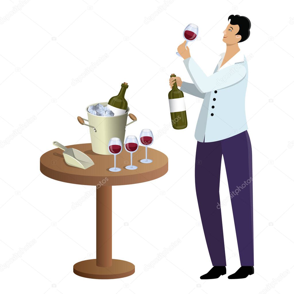 Male sommelier tries wine from glass glass and holds bottle in hands, standing near table with accessories for tasting and wine cooler (bucket for cooling). Isolated flat vector cartoon illustration.