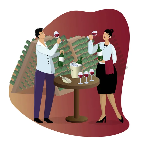 Sommeliers Mujer Hombre Degustación Vino Tiene Botellas Las Manos Pie — Archivo Imágenes Vectoriales