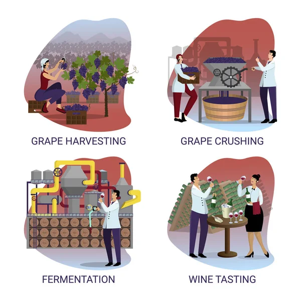 Een Reeks Illustraties Het Thema Wijnproductie Stadia Van Industriële Wijnbereiding — Stockvector