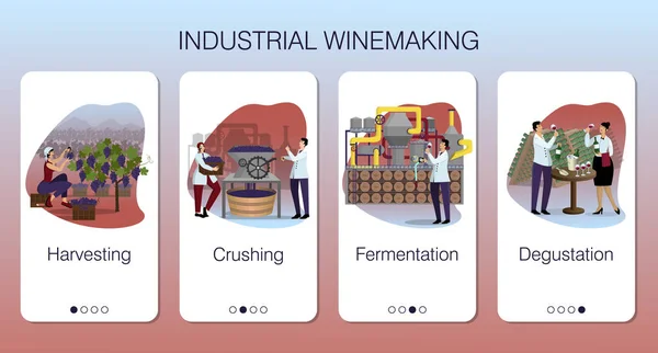 Set Pagine App Mobili Vettoriali Design Sulla Produzione Vino Industriale — Vettoriale Stock