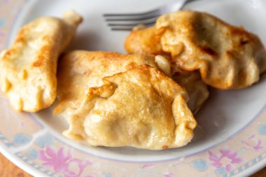 Kızarmış mantı ve çatal tabakta..