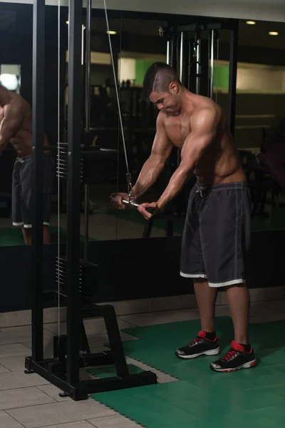 Giovane uomo che esercita Triceps in palestra — Foto Stock