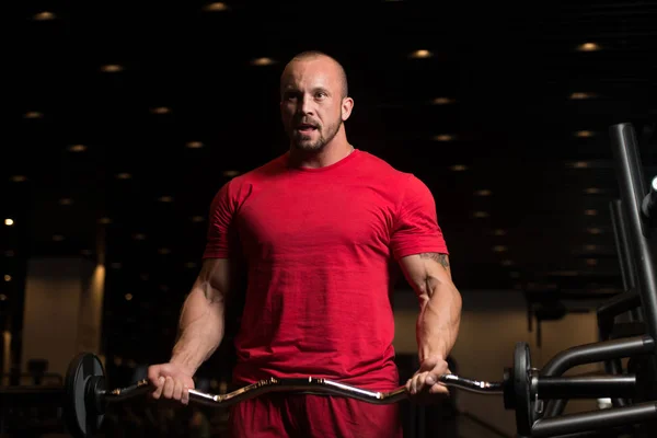 Big Man Exercise Biceps With Barbell — Stock Photo, Image