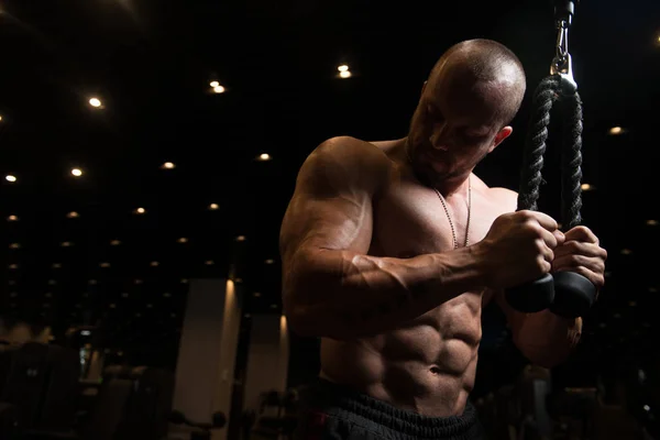 Fisiculturista fazendo exercício de peso pesado para tríceps com cabo — Fotografia de Stock