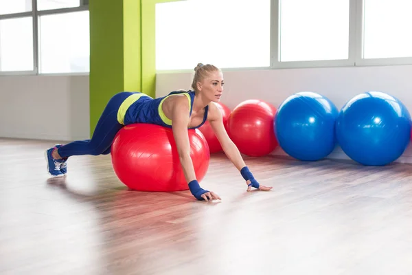 Sporty Fit Woman Stretches On Ball — Stock Photo, Image