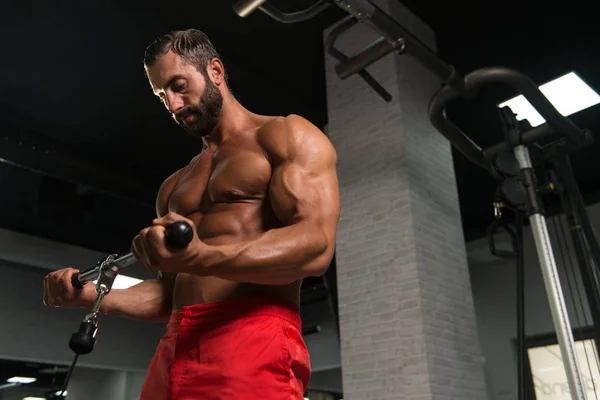 Potente hombre muscular ejercitando bíceps en la máquina de cable —  Fotos de Stock