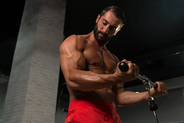 Potente hombre muscular ejercitando bíceps en la máquina de cable — Foto de Stock