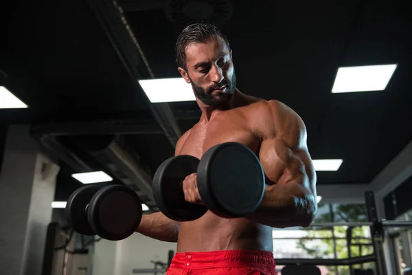 Jeune homme avec haltères exercice Biceps — Photo