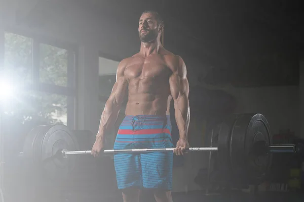 Hombre muscular haciendo ejercicio de nuevo con la barra en el gimnasio — Foto de Stock