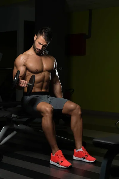 Biceps exercice avec haltère dans une salle de gym — Photo