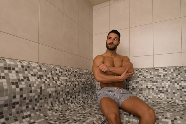 Attractive Man Resting Relaxed In Sauna — Stok Foto