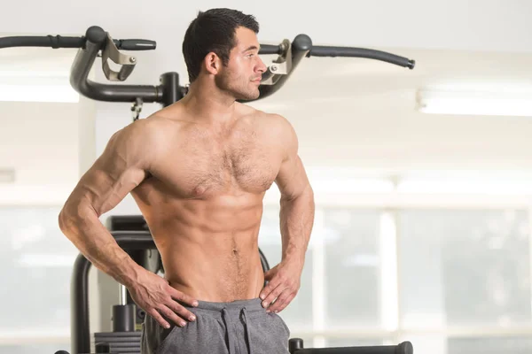 Behaarter muskulöser Mann lässt Muskeln im Fitnessstudio spielen — Stockfoto