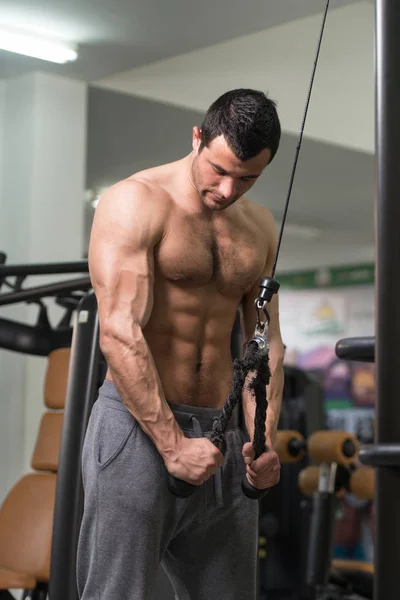 Peludo halterofilista exercício tríceps na máquina — Fotografia de Stock