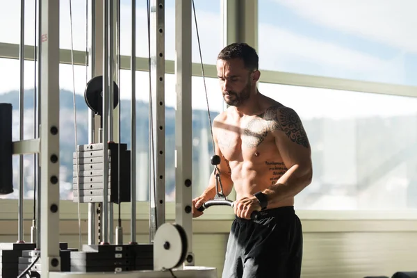 Muscular hombre ejercicio tríceps en la máquina — Foto de Stock